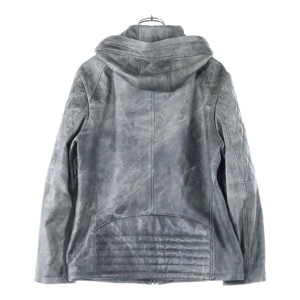 SCHAFFEN(シャッフェン) フロントジップジップアップ フーデッド キルティング ラムレザージャケット グレー