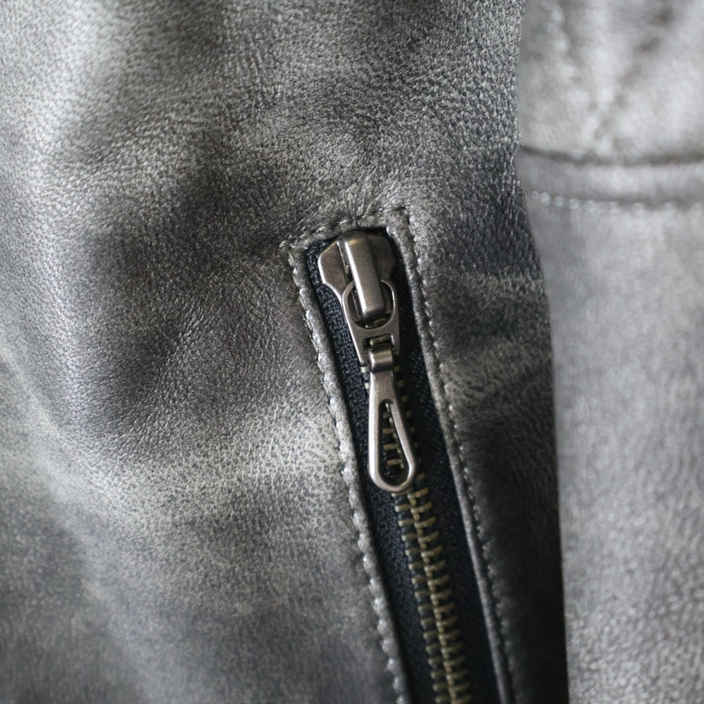 SCHAFFEN(シャッフェン) フロントジップジップアップ フーデッド キルティング ラムレザージャケット グレー
