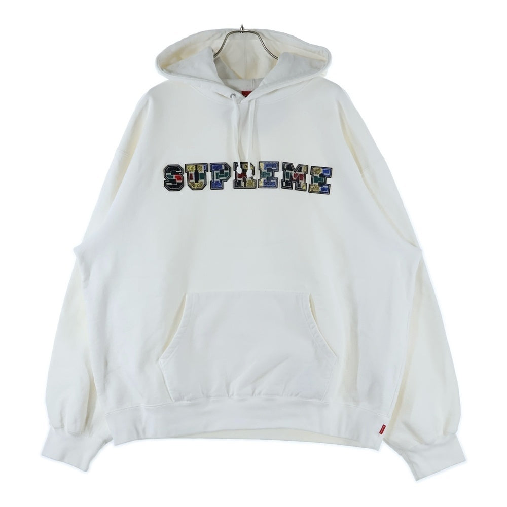 SUPREME(シュプリーム) 23AW Collegiate Patchwork Leather Hooded Sweatshirt カレッジエイト パッチワーク レザーロゴ プルオーバーパーカー フーディ ホワイト