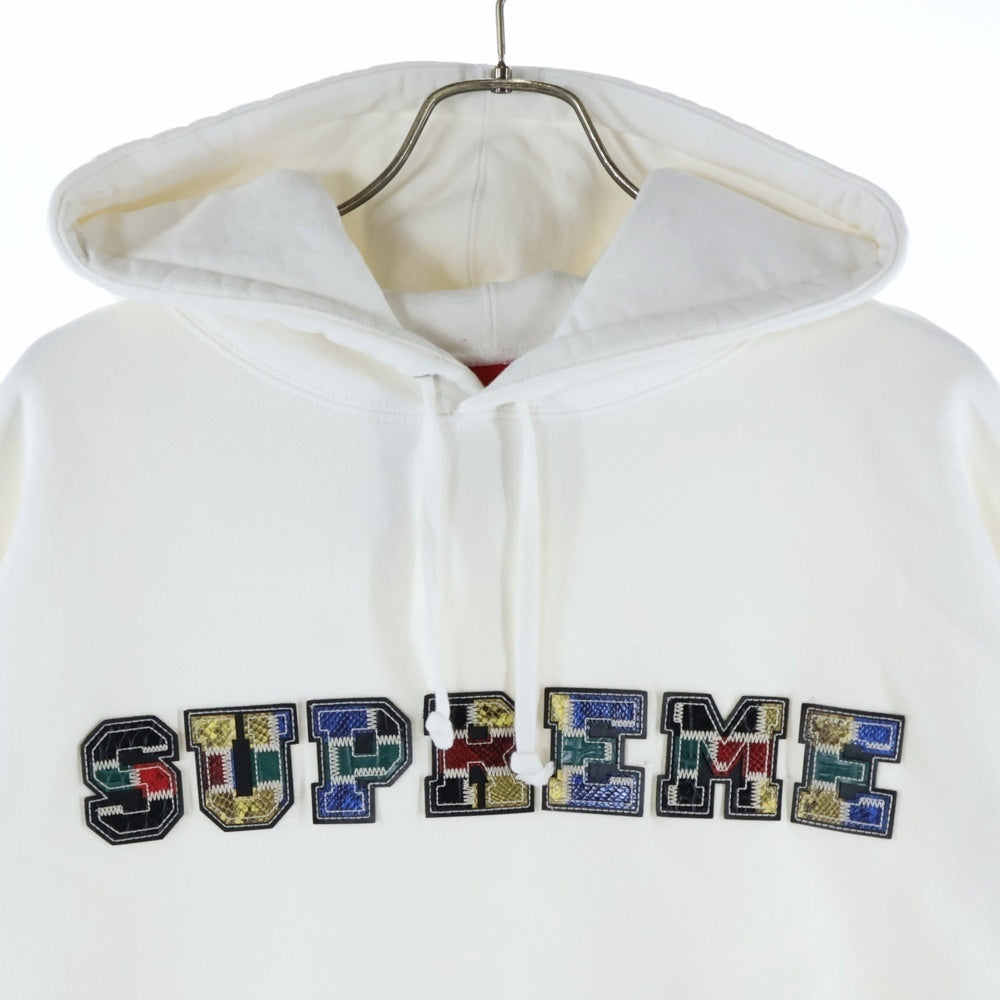 SUPREME(シュプリーム) 23AW Collegiate Patchwork Leather Hooded Sweatshirt カレッジエイト パッチワーク レザーロゴ プルオーバーパーカー フーディ ホワイト