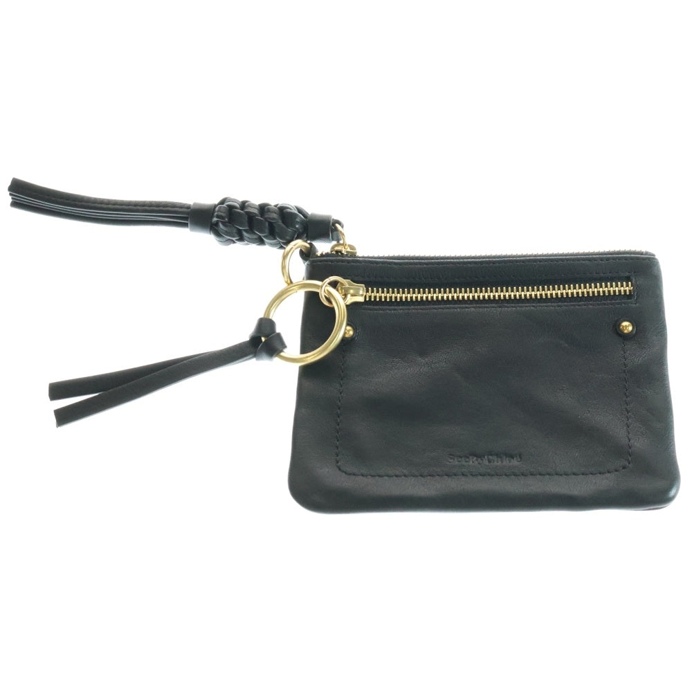 SEE BY CHLOE(シーバイクロエ) ロゴ レザー フラットポーチ 小物入れ ブラック/ゴールド