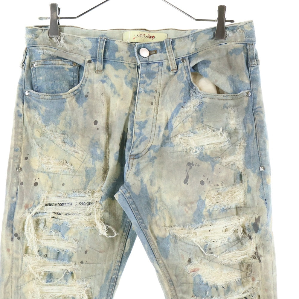 NO BRAND(ノーブランド) LOST ANGELS ロストエンジェルス JOSHUA DISTRESSED PAINT SLIM DENIM ジョシュア ディスターブド ダメージ加工 スキニー デニムパンツ インディゴ 20SSHLA-04