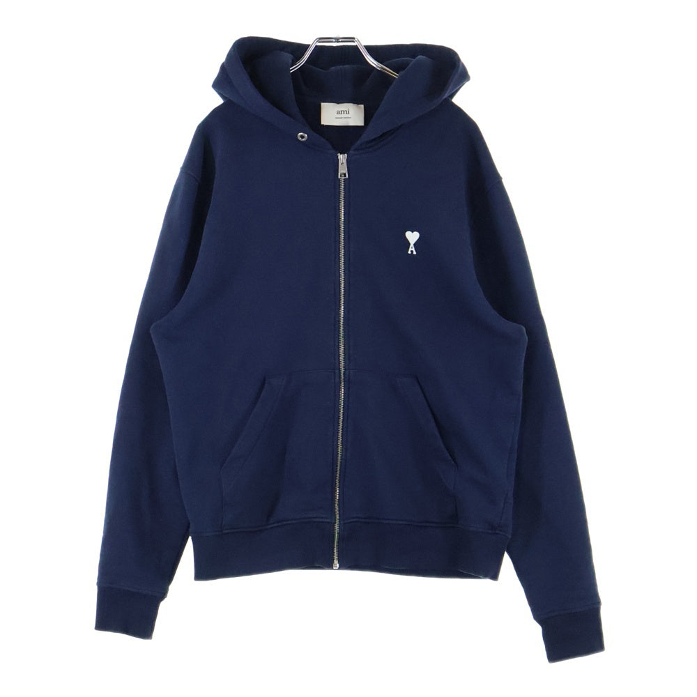 AMI Alexandre Mattiussi(アミアレクサンドルマテュッシ) AMI DE COEUR ZIPPED HOODIE HSW460.730 ロゴ刺繍ジップアップパーカー フーディー ネイビー