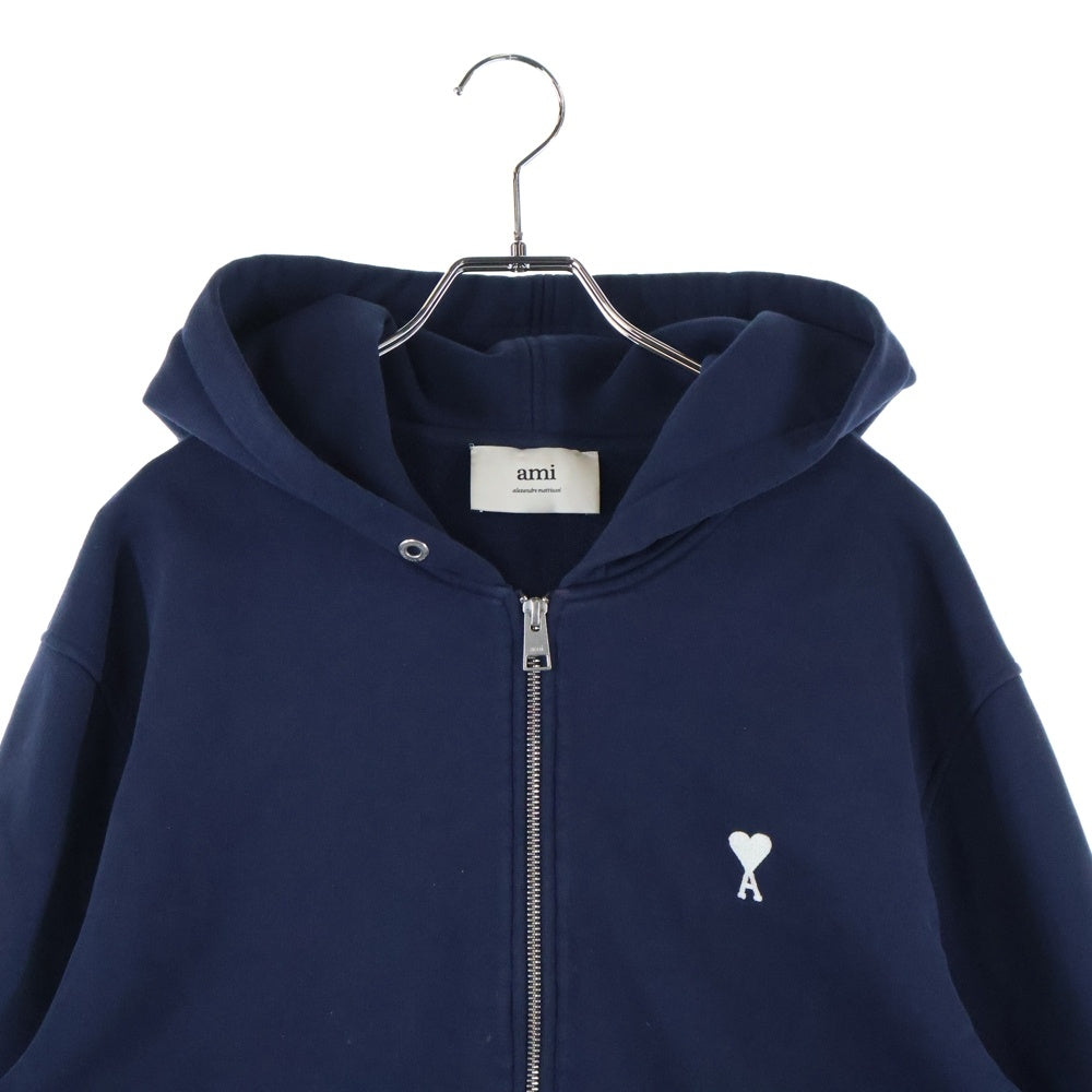 AMI Alexandre Mattiussi(アミアレクサンドルマテュッシ) AMI DE COEUR ZIPPED HOODIE HSW460.730 ロゴ刺繍ジップアップパーカー フーディー ネイビー