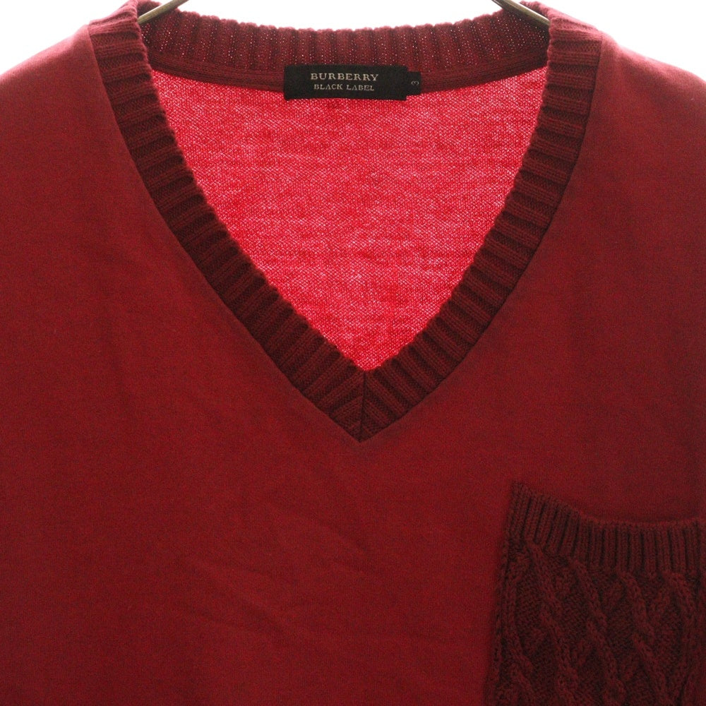 BURBERRY BLACK LABEL(バーバリー ブラックレーベル) ニットポケットデザイン フロントワンポイントロゴ刺繍 VネックロングスリーブTシャツカットソー ロンT レッド D1P02-501-14
