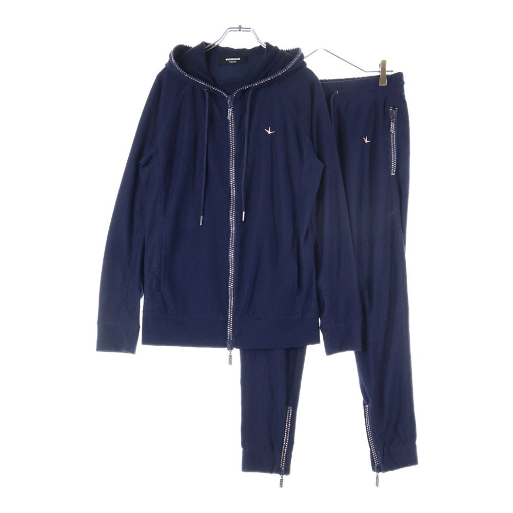 1 PIU 1 UGUALE 3 RELAX(ウノピゥウノウグァーレトレ) ラインストーン付き タオル地 ワンポイントロゴ ジップアップパーカー フーディ セットアップ ドローコード付き イージーパンツ ネイビー