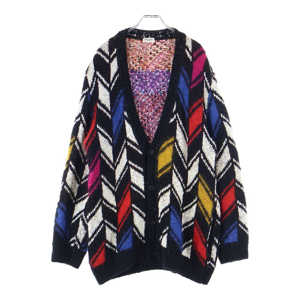 SAINT LAURENT PARIS(サンローランパリ) 21AW モヘヤ混 ウール 幾何学総柄 インターシャ ニット カーディガン マルチカラー 668343