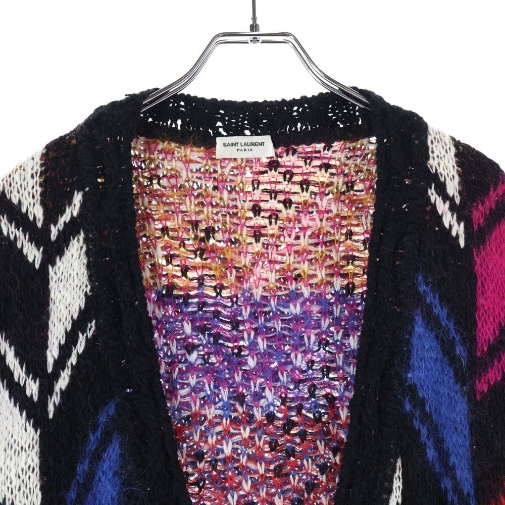SAINT LAURENT PARIS(サンローランパリ) 21AW モヘヤ混 ウール 幾何学総柄 インターシャ ニット カーディガン マルチカラー 668343