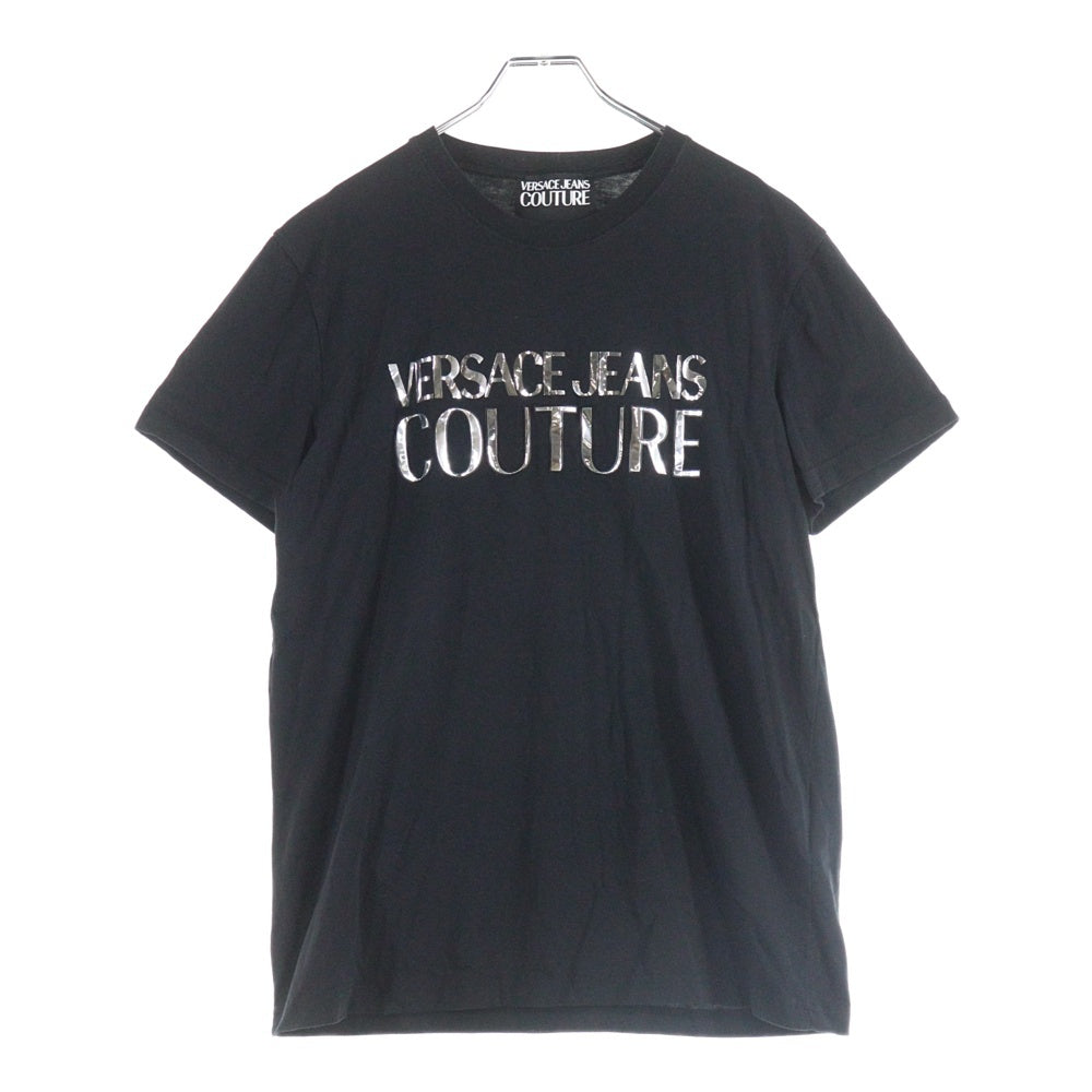 VERSACE JEANS COUTURE(ヴェルサーチジーンズクチュール) Black Mirror Text Logo T-Shirt 72GAHG01 ブラックミラーテキストロゴ クルーネック半袖Tシャツカットソー ブラック