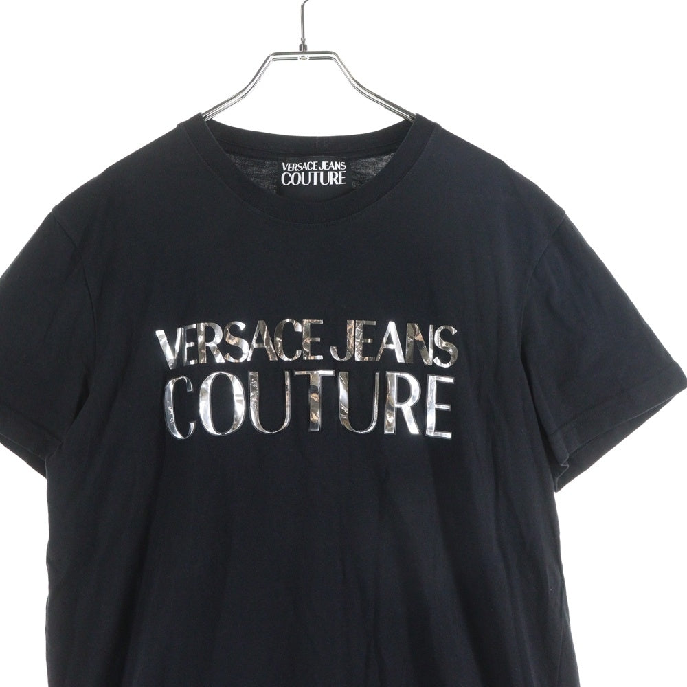 VERSACE JEANS COUTURE(ヴェルサーチジーンズクチュール) Black Mirror Text Logo T-Shirt 72GAHG01 ブラックミラーテキストロゴ クルーネック半袖Tシャツカットソー ブラック