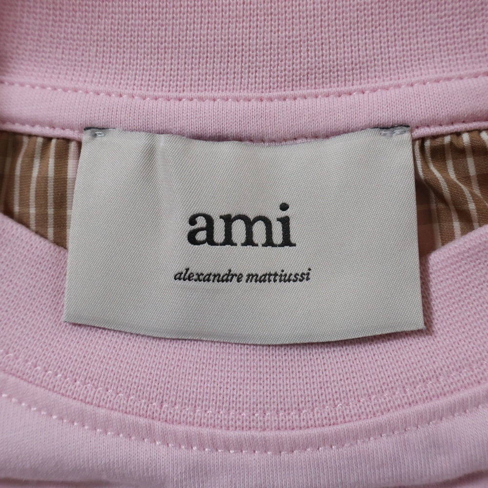 AMI Alexandre Mattiussi(アミアレクサンドルマテュッシ) フロントワンポイントロゴ刺繍 クルーネックTシャツカットソー ピンク レディース FTS356