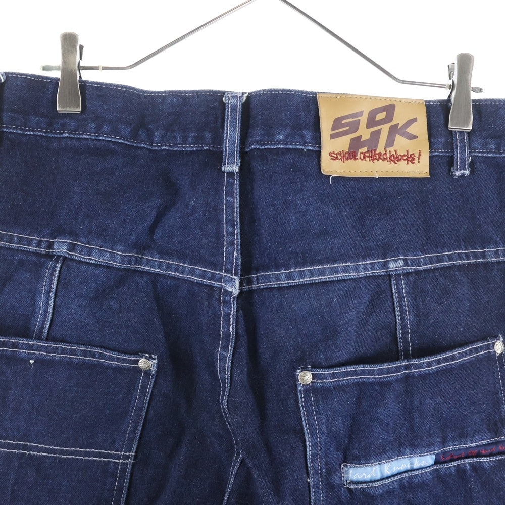 SCHOOL OF HARD KNOCKS(スクールオブハードノックス) ロゴ刺繍ダメージ加工 カーゴデニムパンツ ジーンズ