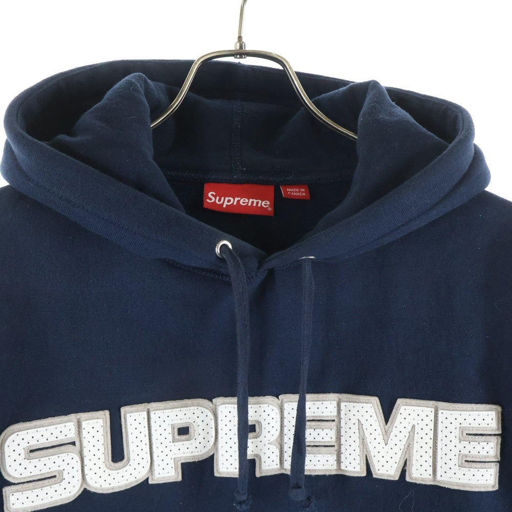 SUPREME(シュプリーム) 18AW Perforated Leather Hooded Sweatsshirt フロントロゴプルオーバーパーカー フーディ ネイビー