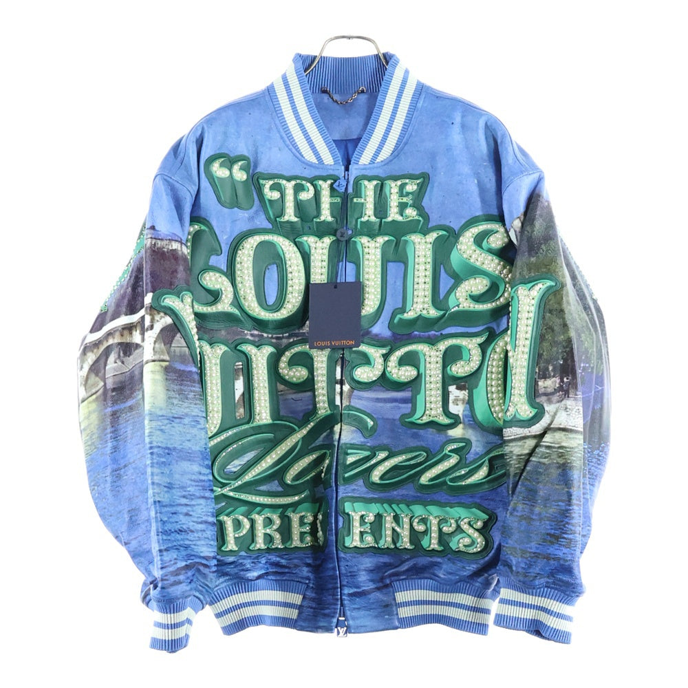 LOUIS VUITTON(ルイヴィトン) 24SS Embroidered Leather Jacket Made to Order エンブロイダリー パール レザー ジップジャケット スタジャン ブルゾン ブルー/グリーン RM241 GIP HQL67E
