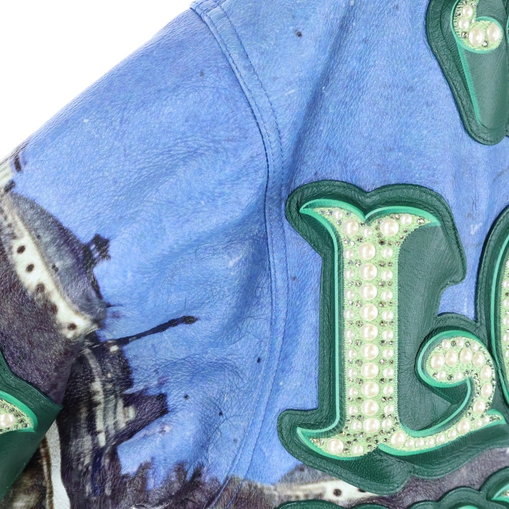 LOUIS VUITTON(ルイヴィトン) 24SS Embroidered Leather Jacket Made to Order エンブロイダリー パール レザー ジップジャケット スタジャン ブルゾン ブルー/グリーン RM241 GIP HQL67E