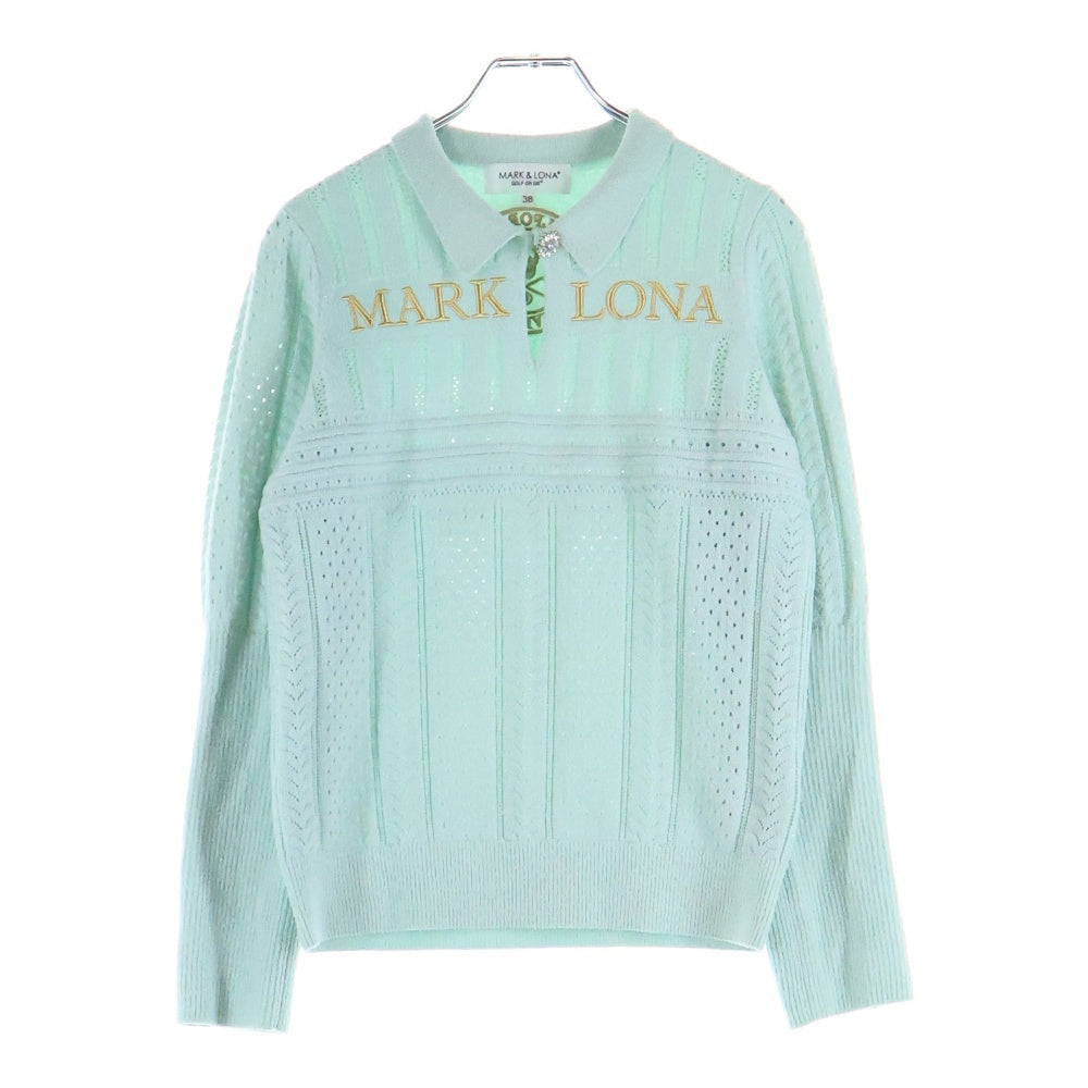 MARK&LONA(マークアンドロナ) Fascine Sparkle Knit Polo MLW-4C-AB04 フロントロゴ刺繍 ポロニットセーター ブルー レディース