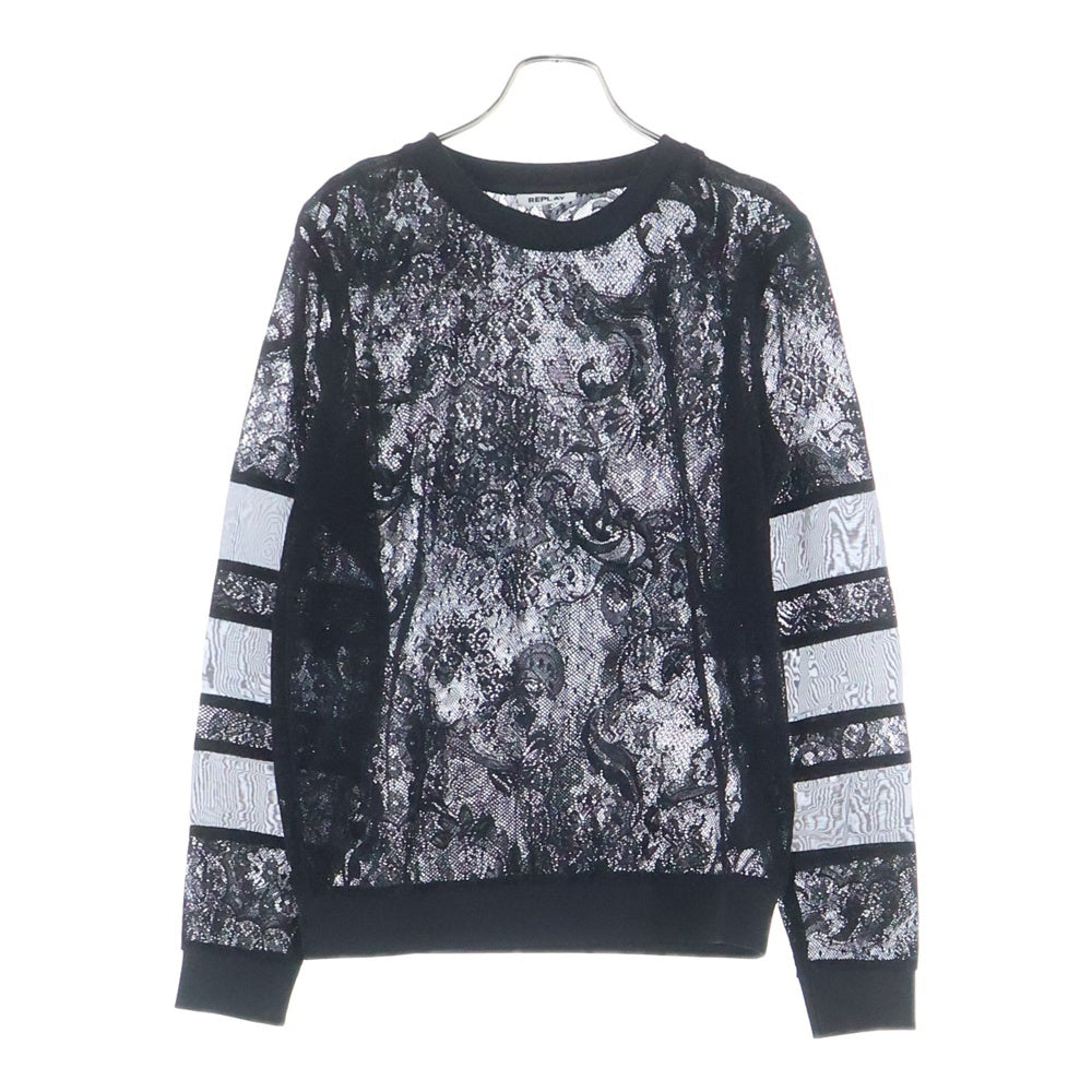 REPLAY(リプレイ) MESH Sweatshirt W3280.000.83496 メッシュデザイン バックワンポイントロゴプレートスウェットトレーナー ブラック レディース