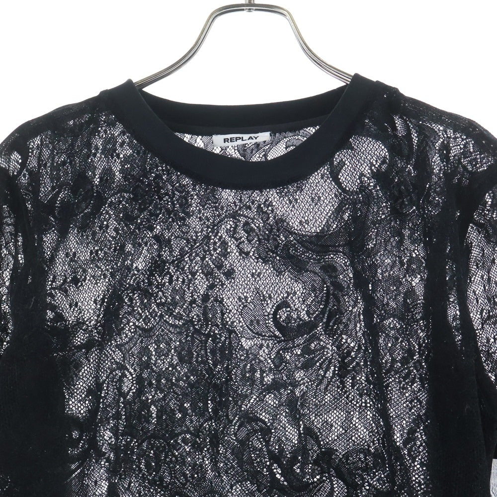 REPLAY(リプレイ) MESH Sweatshirt W3280.000.83496 メッシュデザイン バックワンポイントロゴプレートスウェットトレーナー ブラック レディース