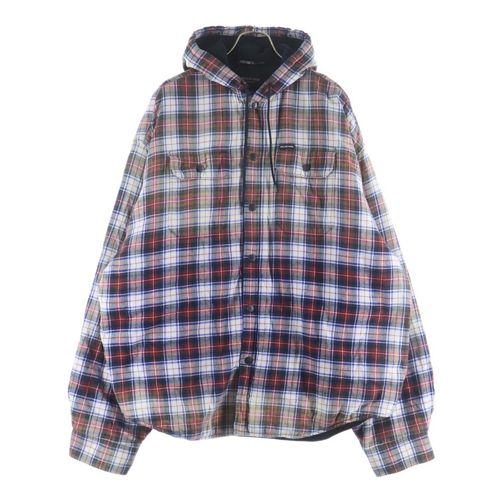 BALENCIAGA(バレンシアガ) 23SS BLEACHED FLANNEL HOODED JACKET ヴィンテージ加工 ブリーチドチェックフランネルジャケット ブルゾン レッド 699223 TMM05