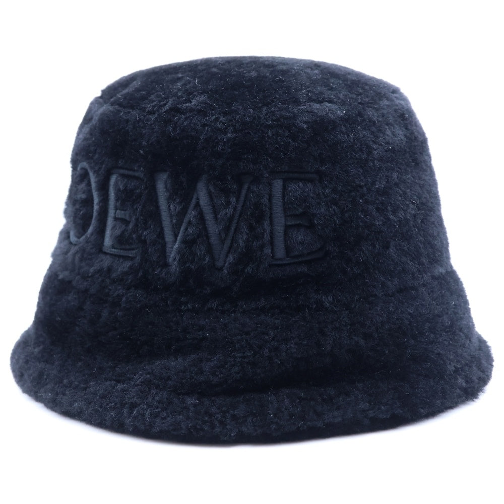 LOEWE(ロエベ) ロゴ刺繍 シアリング ラムレザー ファー バケットハット ブラック レディース K820HB1X70