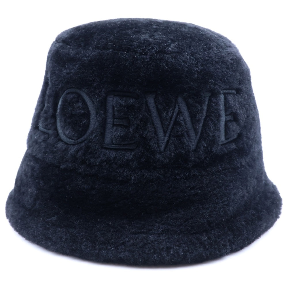LOEWE(ロエベ) ロゴ刺繍 シアリング ラムレザー ファー バケットハット ブラック レディース K820HB1X70