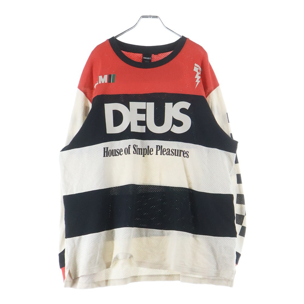 DEUS EX MACHINA(デウスエクスマキナ) Moto Cross Shirt モトクロス メッシュ クルーネック長袖Tシャツカットソー ロングスリーブ ロンT ブラック/ホワイト/レッド