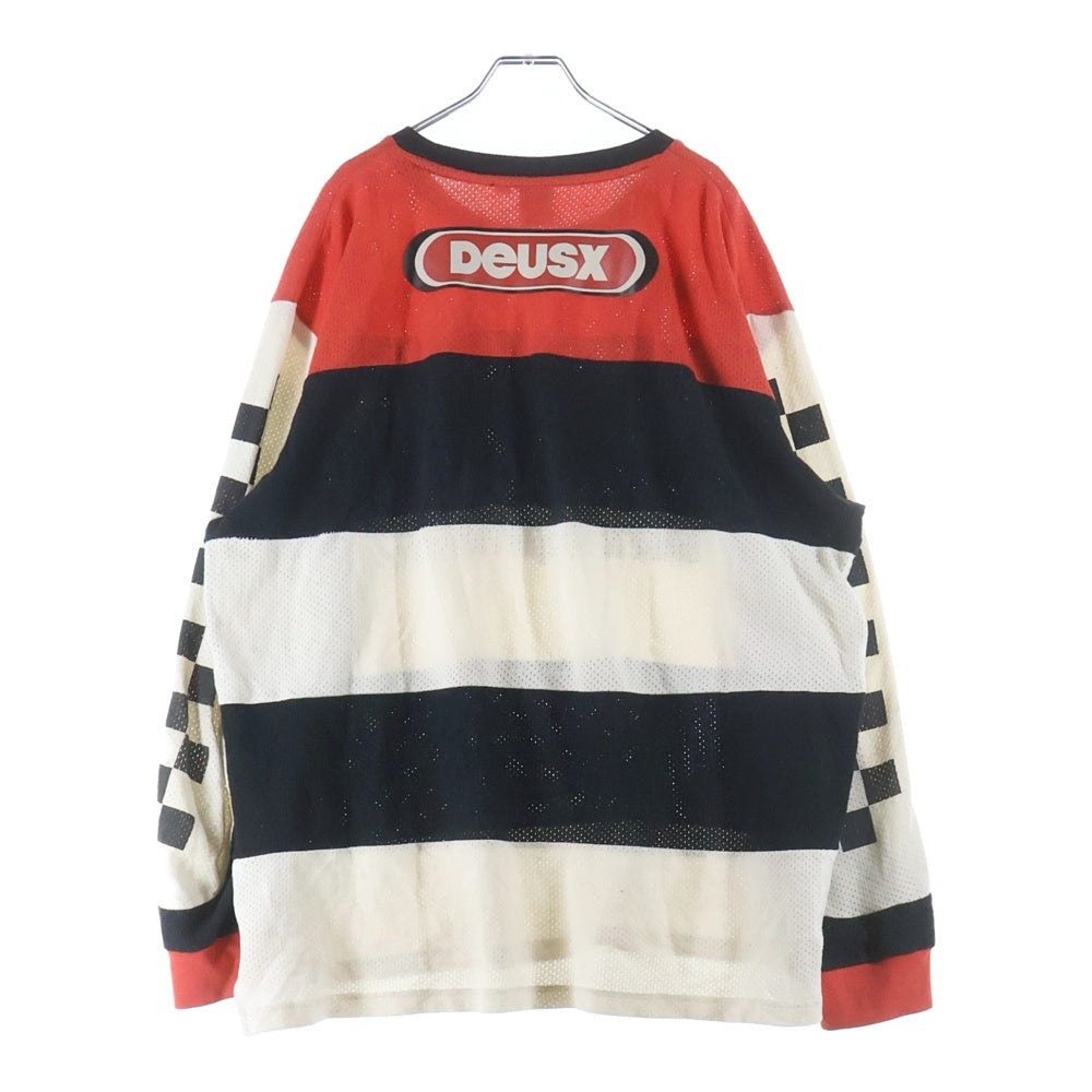 DEUS EX MACHINA(デウスエクスマキナ) Moto Cross Shirt モトクロス メッシュ クルーネック長袖Tシャツカットソー ロングスリーブ ロンT ブラック/ホワイト/レッド