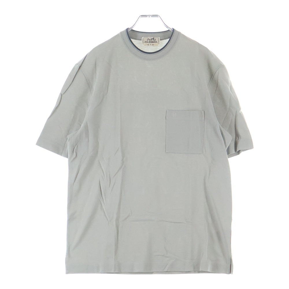 HERMES(エルメス) サドルステッチ ワンポイントロゴ刺繍 半袖シャツ カットソー クルーネック 胸ポケット Tシャツ グレー
