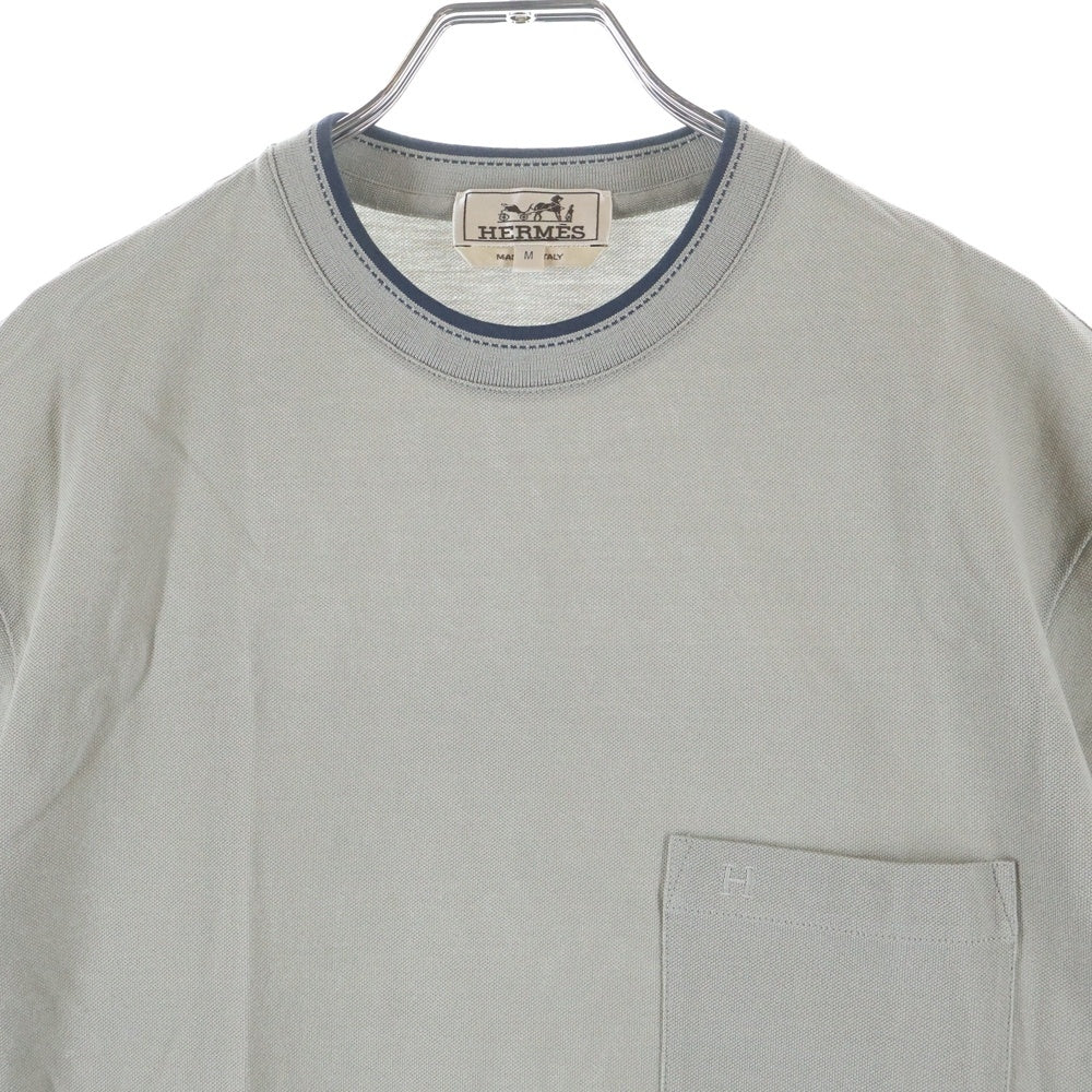 HERMES(エルメス) サドルステッチ ワンポイントロゴ刺繍 半袖シャツ カットソー クルーネック 胸ポケット Tシャツ グレー