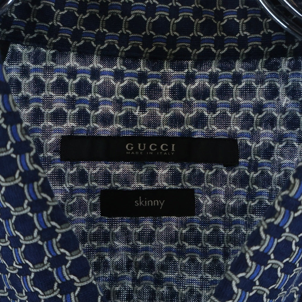 GUCCI(グッチ) シルク ワークシャツ 半袖シャツ カットソー ボタンダウン 総柄 ネイビー 232150 Z7536