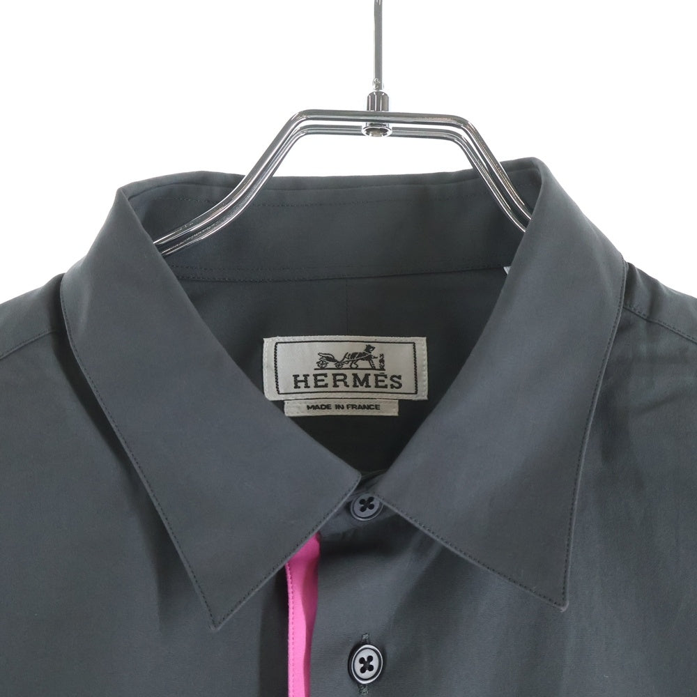 HERMES(エルメス) セリエボタン ドレスシャツ 長袖fシャツ カットソー ピンクライン チャコールグレー