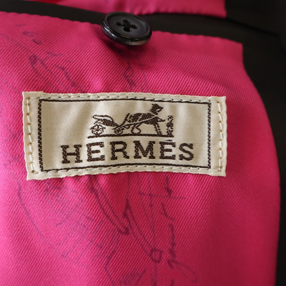 HERMES(エルメス) テーラードジャケット ラムレザー 羊皮 シルク裏地 スカーフ柄 ペガサス ブラック