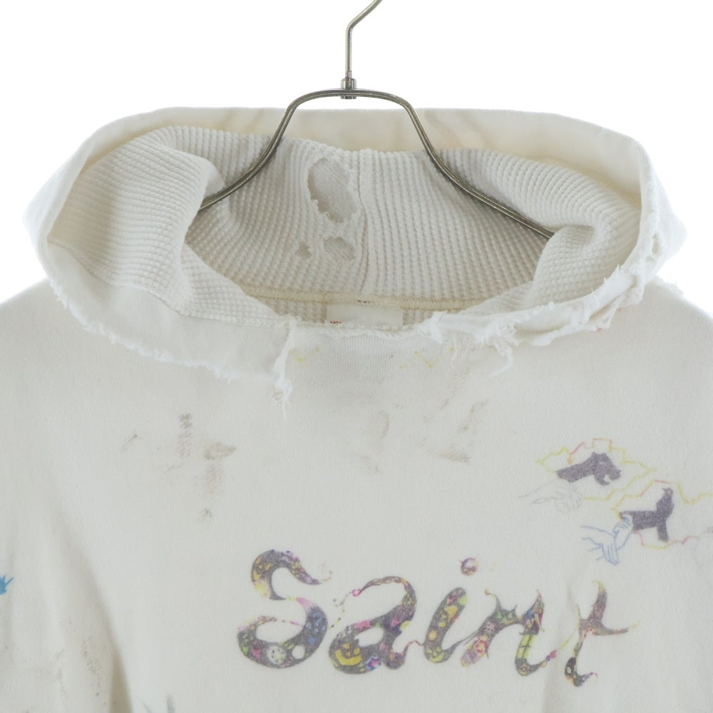 SAINT MICHAEL(セントマイケル) 26SS COCO_DOUBLE FACE HOODIE ダメージ加工 総柄プリント プルオーバーフーディー ホワイト SM-MK8-0000-C17