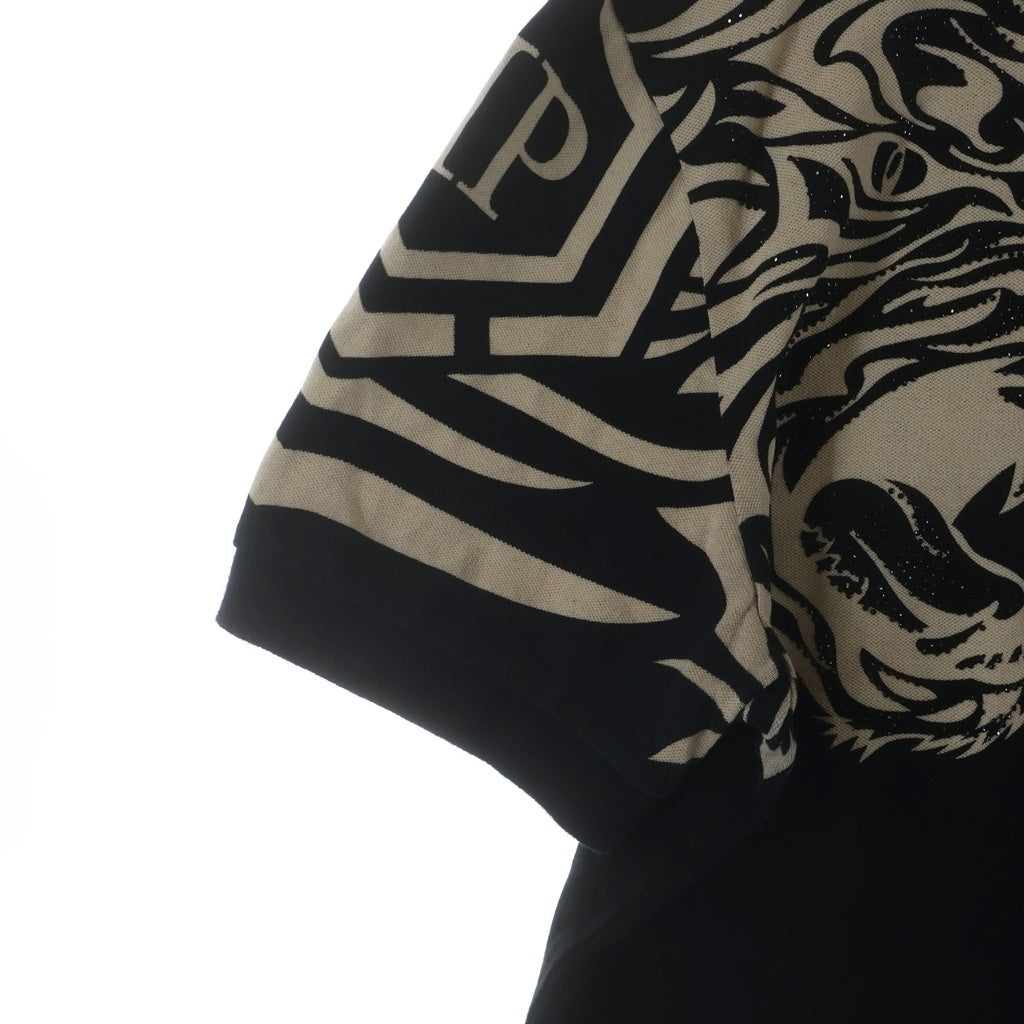 Philipp Plein(フィリッププレイン) HOMME タイガー ラインストーン ポロシャツ プリント 半袖Tシャツ カットソー ブラック