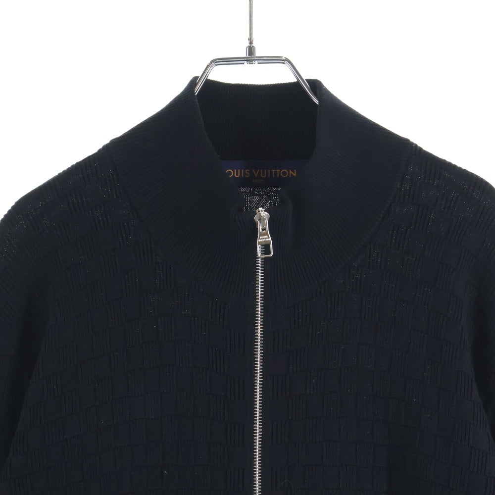 LOUIS VUITTON(ルイヴィトン) 20SS フロントレザーロゴパッチ ダミエ ジップ長袖ニットカーディガン ブラック HBN46WF99