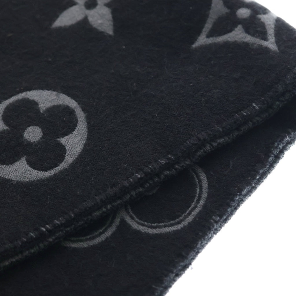 LOUIS VUITTON ブラックウールマフラー エシャルプ ロゴマニア シャイン ノワール マフラー ウール シルク