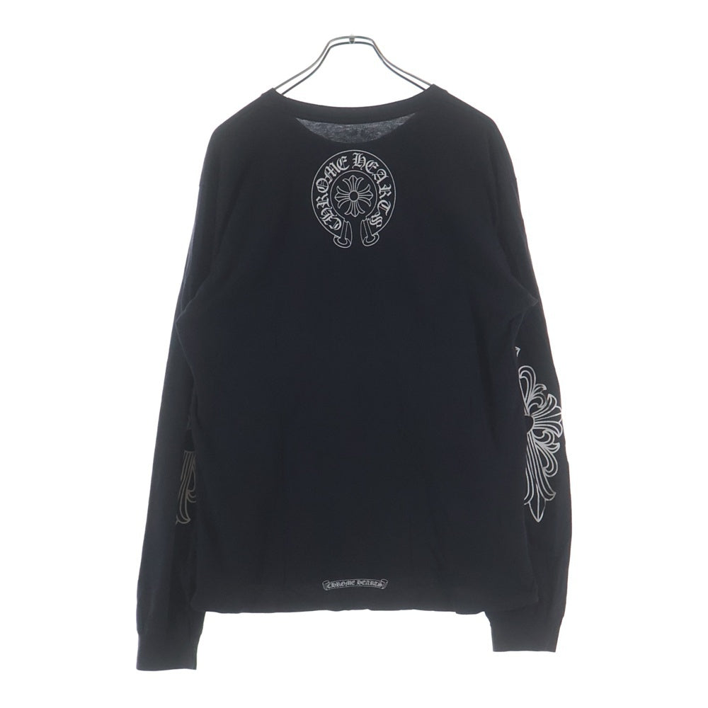 CHROME HEARTS(クロムハーツ) Neck Logo L/S T-Shirt アームフローラル バックホースシュー ネックロゴ プリント クルーネック長袖Tシャツカットソー ロンT ブラック