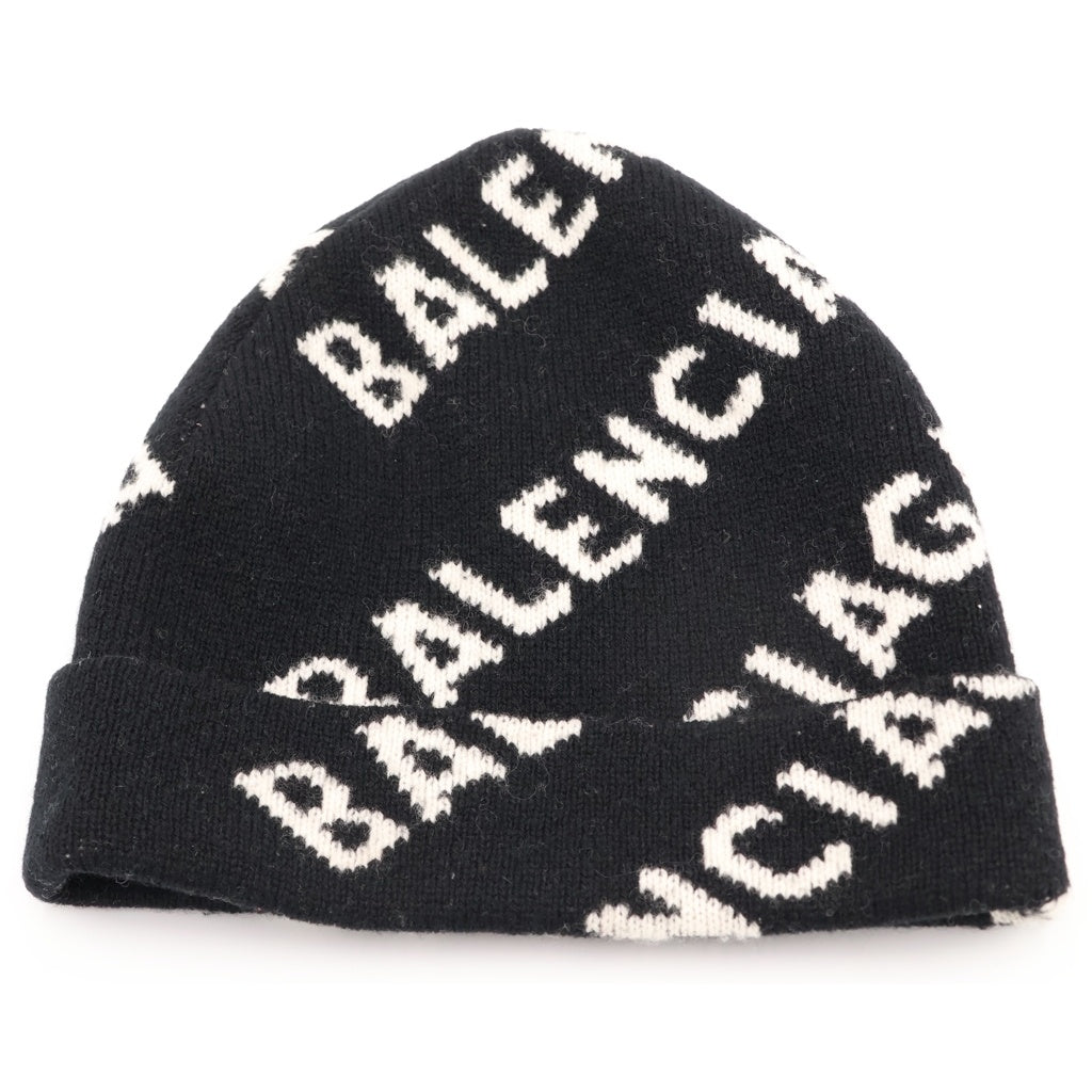 BALENCIAGA(バレンシアガ) ロゴ 総柄 ビーニー ニット帽 ブラック