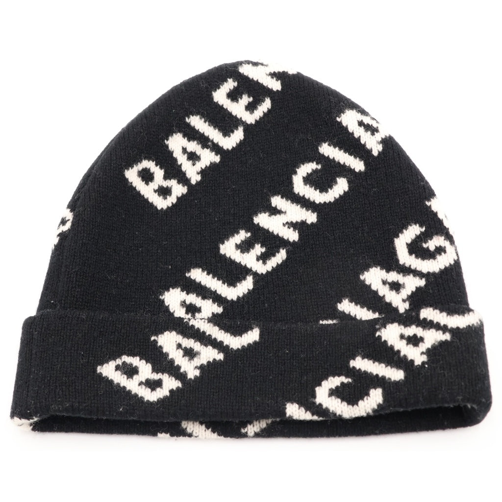 BALENCIAGA(バレンシアガ) ロゴ 総柄 ビーニー ニット帽 ブラック