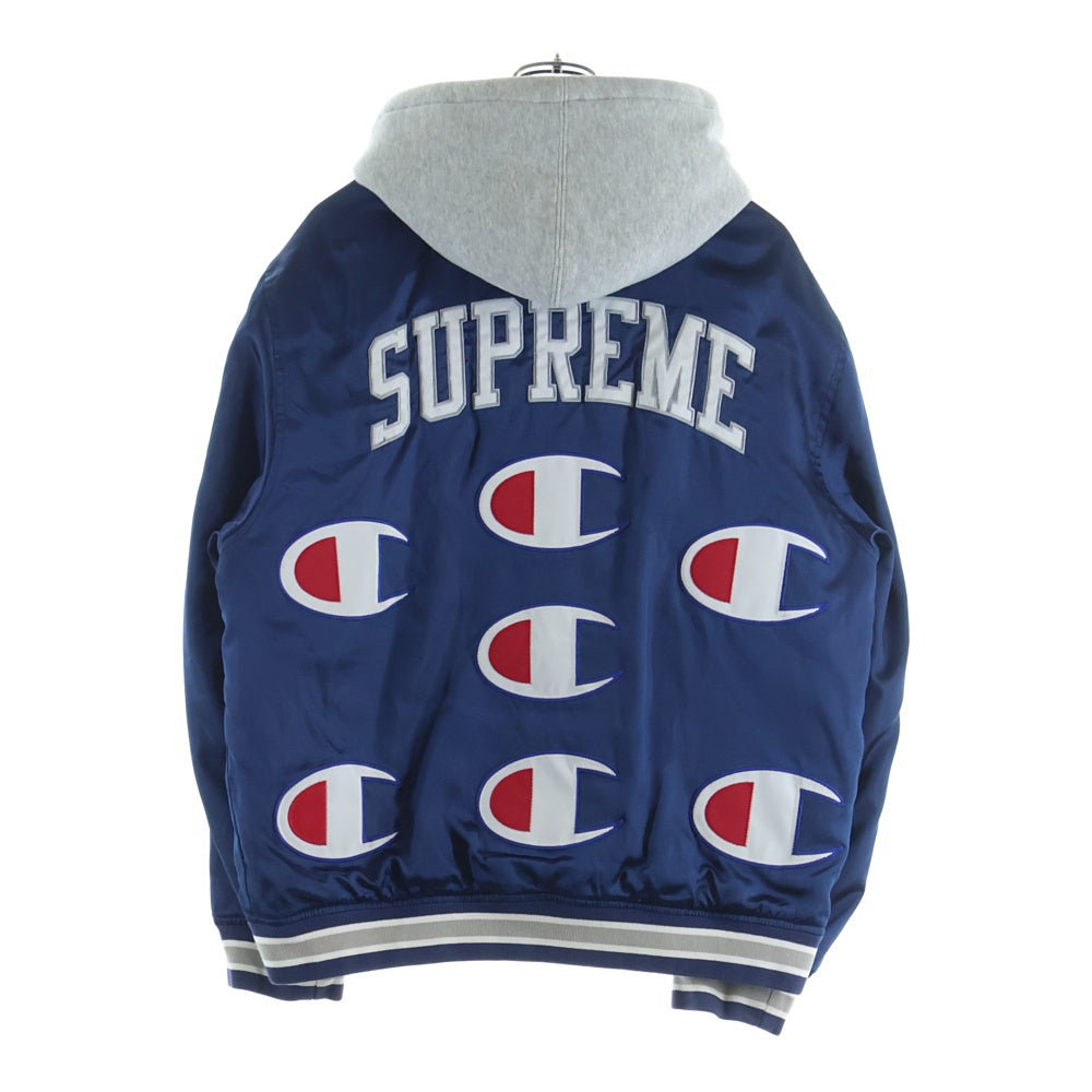 SUPREME(シュプリーム) 18AW ×Champion Hooded Satin Varsity Jacket チャンピオン フーデッドサテン ヴァーシティジャケット ブルゾンジャケット ネイビー