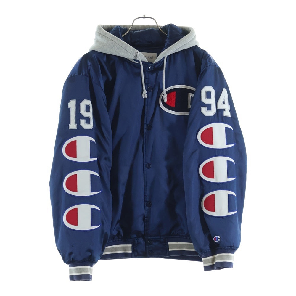 SUPREME(シュプリーム) 18AW ×Champion Hooded Satin Varsity Jacket チャンピオン フーデッドサテン ヴァーシティジャケット ブルゾンジャケット ネイビー
