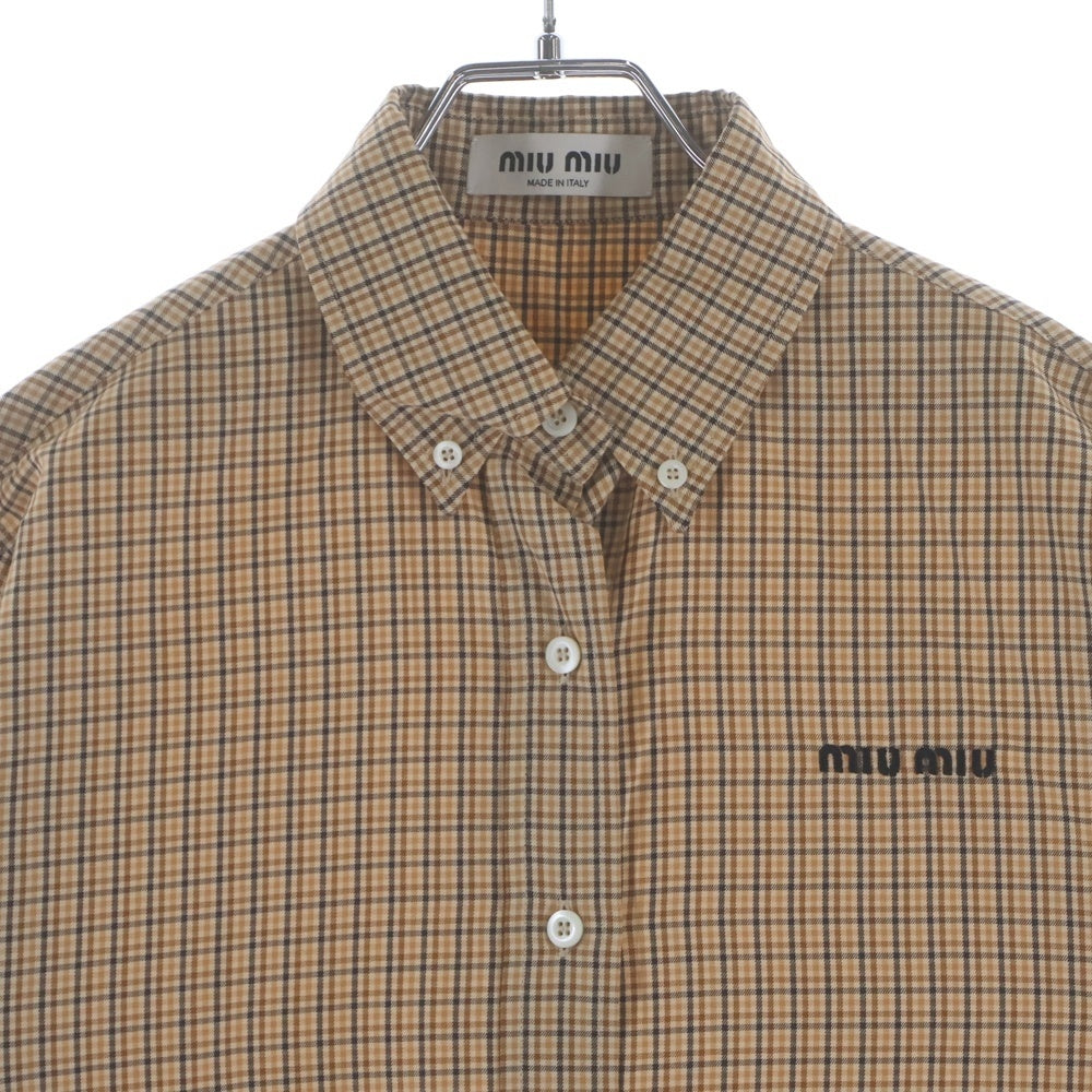 miumiu(ミュウミュウ) 24SS Checked Shirt MK1842 フロントロゴ刺繍 チェック柄 ボタンダウン長袖シャツ ベージュ レディース