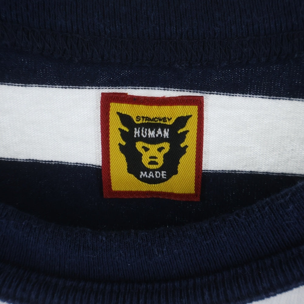 HUMAN MADE(ヒューマンメイド) 胸元ワンポイントロゴ刺繍 ストライプ クルーネック長袖Tシャツカットソー ホワイト/ネイビー