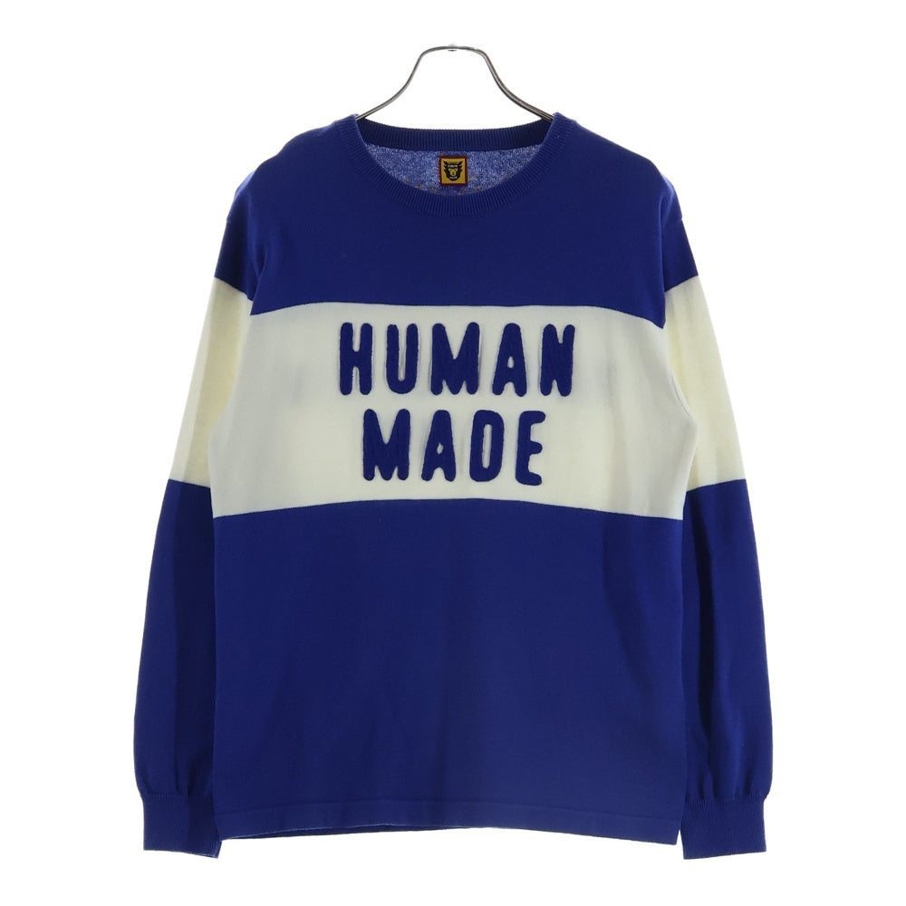 HUMAN MADE(ヒューマンメイド) ロゴ刺繍 クルーネック長袖ニット セーター ボーダー ブルー