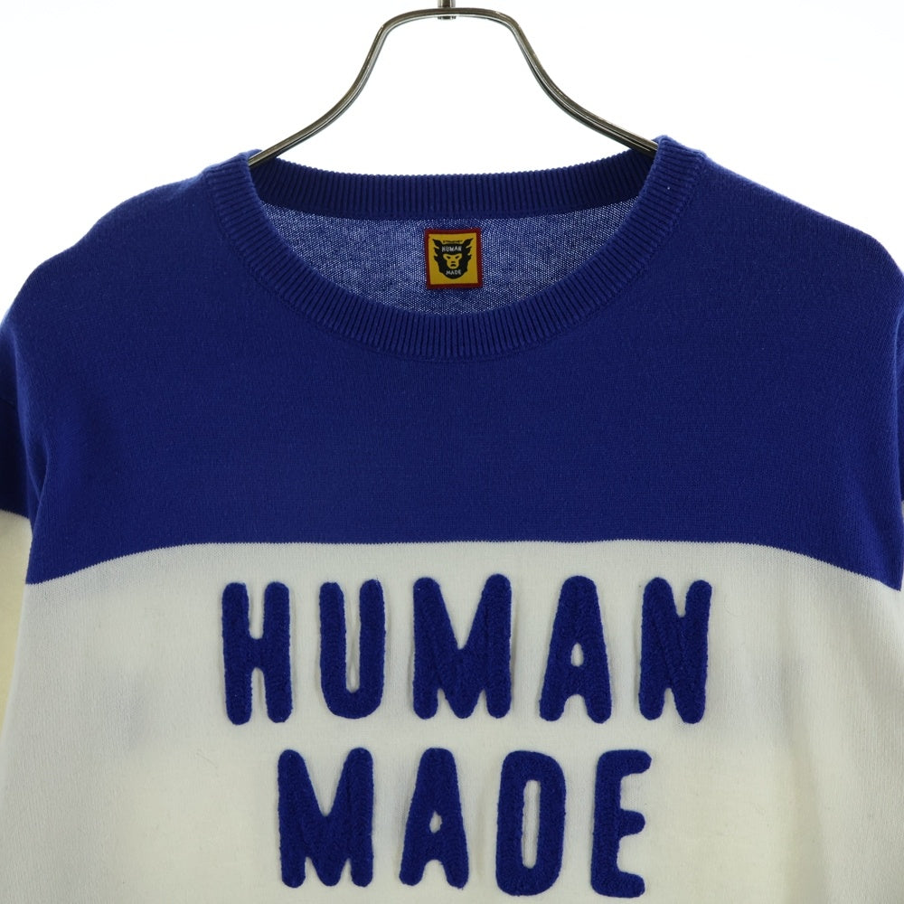 HUMAN MADE(ヒューマンメイド) ロゴ刺繍 クルーネック長袖ニット セーター ボーダー ブルー