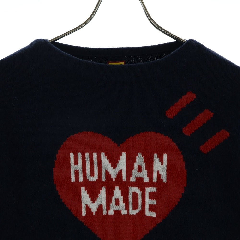 HUMAN MADE(ヒューマンメイド) ハートロゴ クルーネック長袖ニット セーター ネイビー/レッド