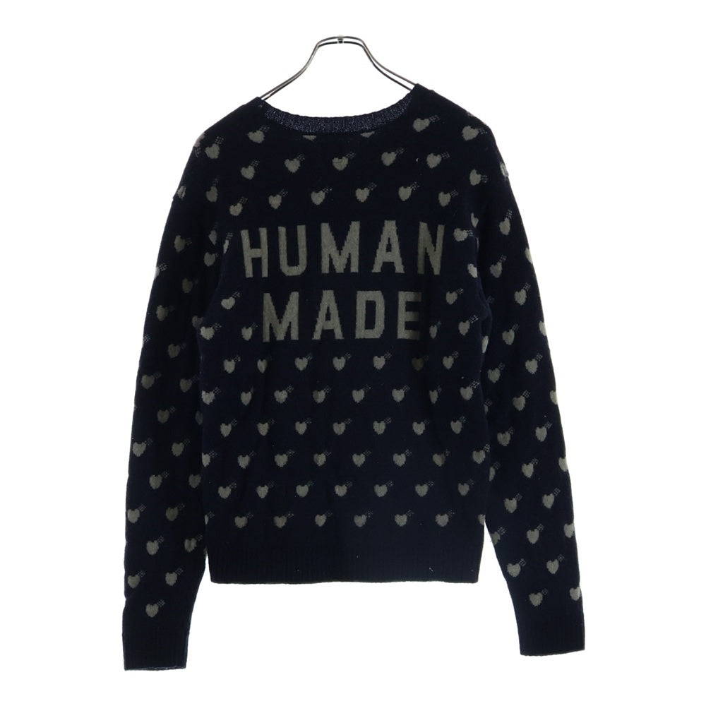 HUMAN MADE(ヒューマンメイド) HEAT KNIT SWETER ハートニットスウェット クルーネック長袖セーター 総柄 ネイビー