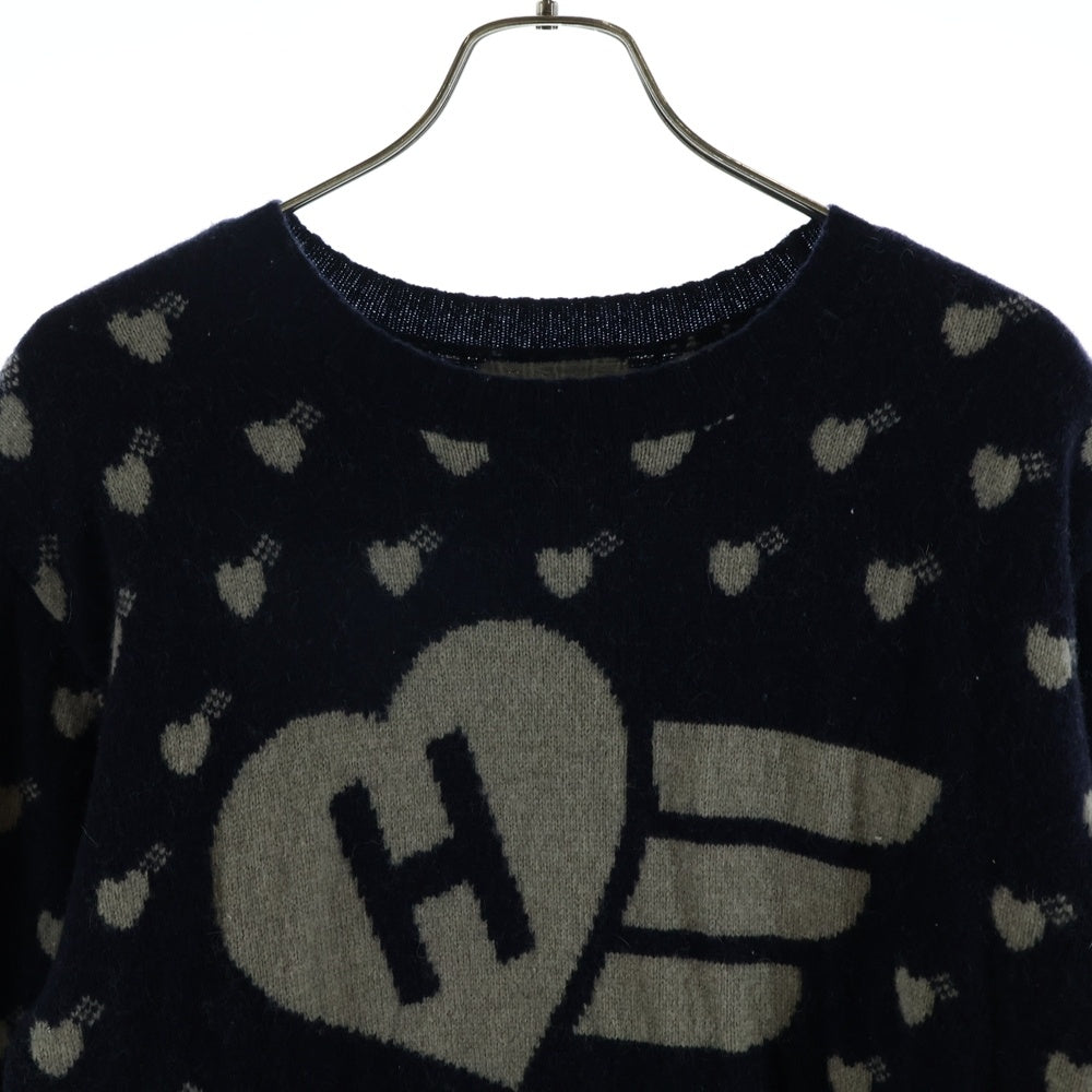 HUMAN MADE(ヒューマンメイド) HEAT KNIT SWETER ハートニットスウェット クルーネック長袖セーター 総柄 ネイビー