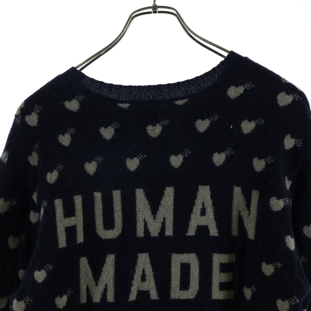 HUMAN MADE(ヒューマンメイド) HEAT KNIT SWETER ハートニットスウェット クルーネック長袖セーター 総柄 ネイビー