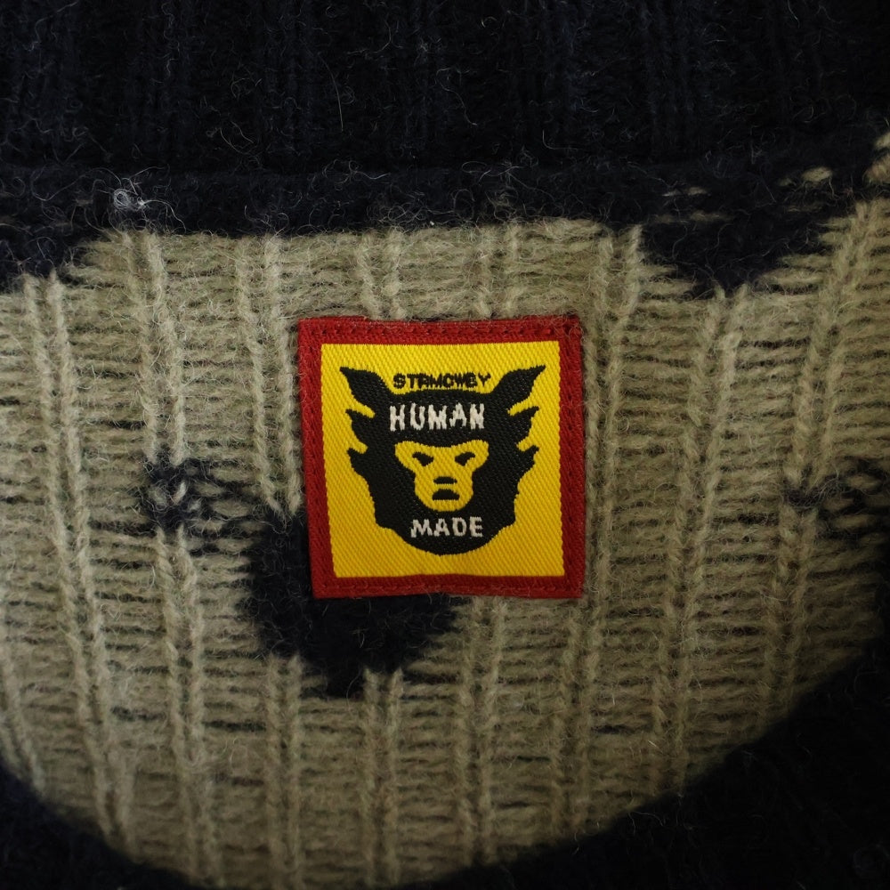 HUMAN MADE(ヒューマンメイド) HEAT KNIT SWETER ハートニットスウェット クルーネック長袖セーター 総柄 ネイビー